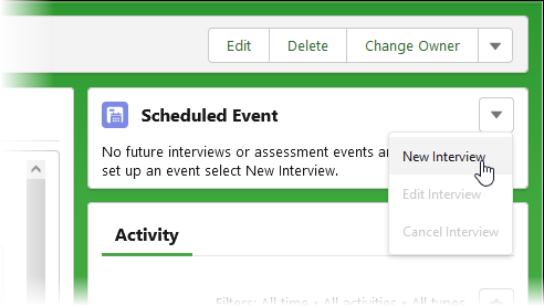 Screenshot of the scheduled event panel on the application page, with new interview action selected